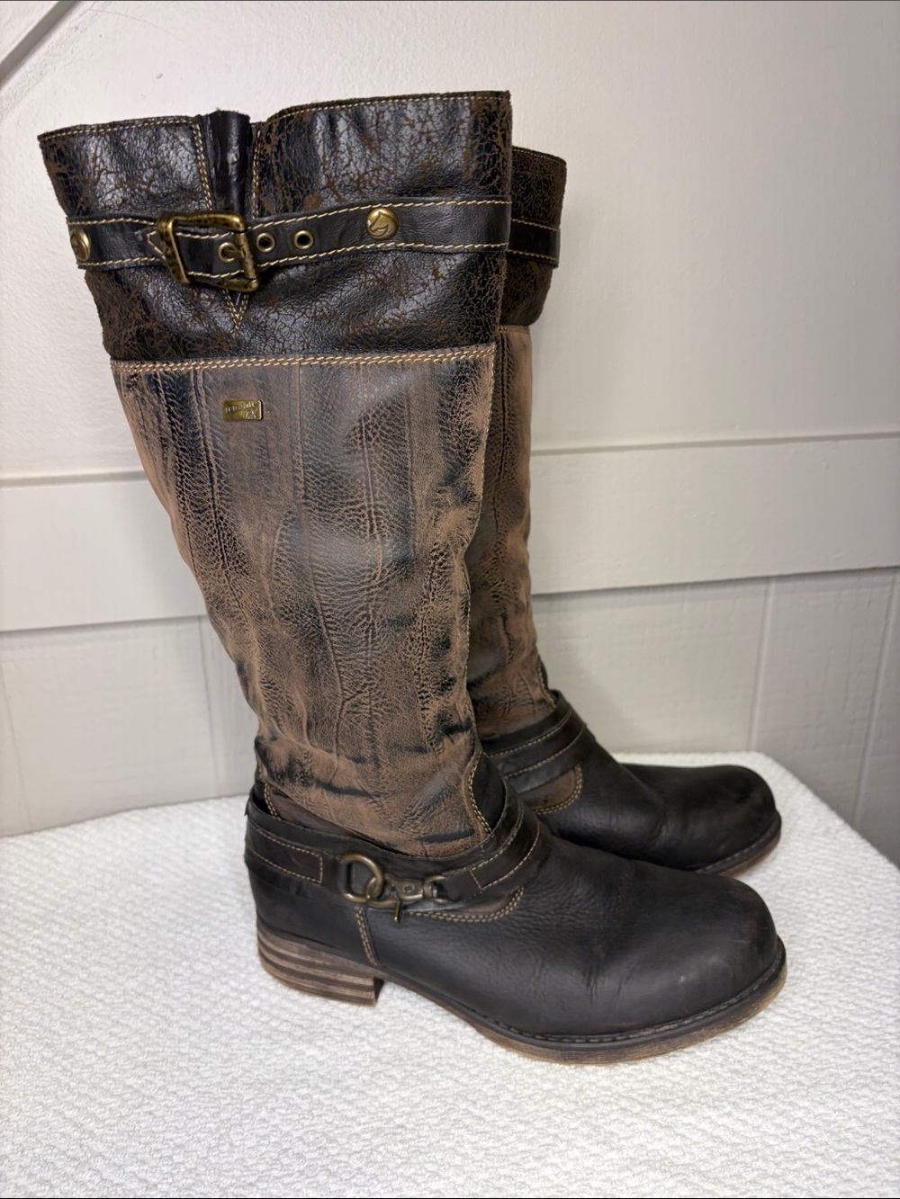 Remonte Brown Leather RemonteTEX Lined Knee High Boots Buckle Moto Riding Size 8